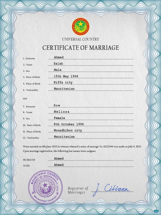 Download Mauritania marriage certificate PSD template Photoshop template